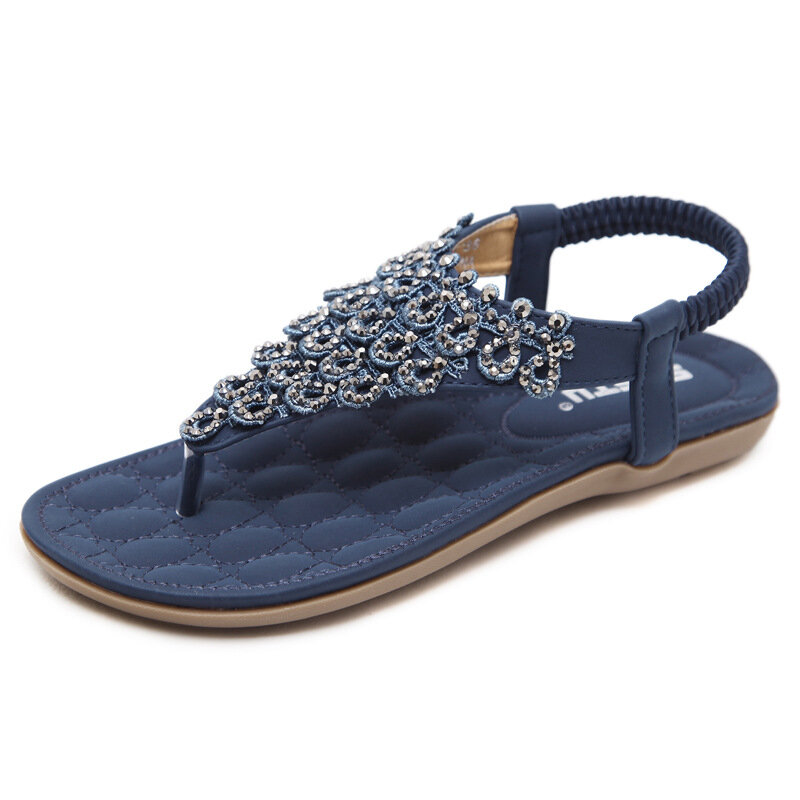 

Bohemia Rivets Clip Toe Beach Flat Sandals, Beige;blue