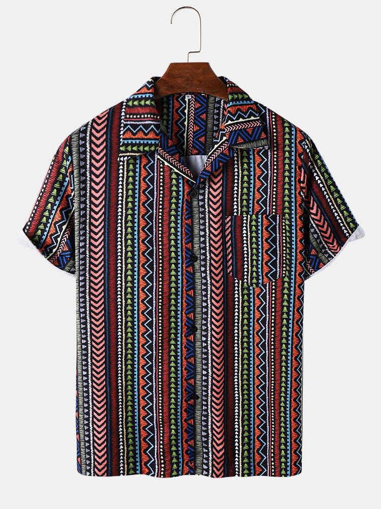 

Mens Colorful Ethnic Geometric Pattern Revere Collar Short Sleeve Shirts, Multi color