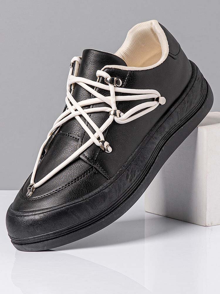 Men Slip Resistant Lace Up PU Leather Casual Skate Shoes