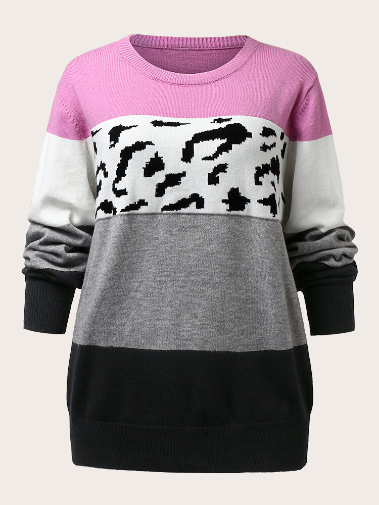 

Cow Print O-neck Patchwork Sweater, Pink;yellow;green;purple;blue;wine red