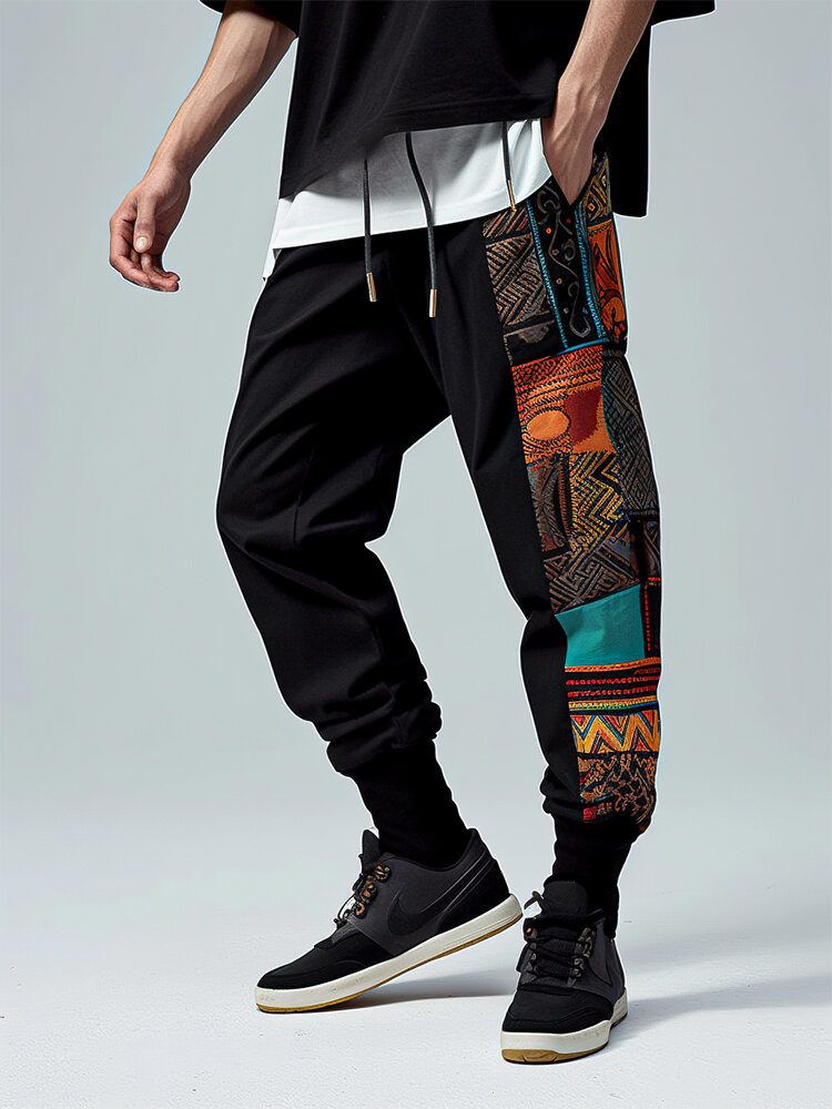 Pantalon de survêtement ample à motif ethnique pour hommes, patchwork, cordon de serrage à la taille