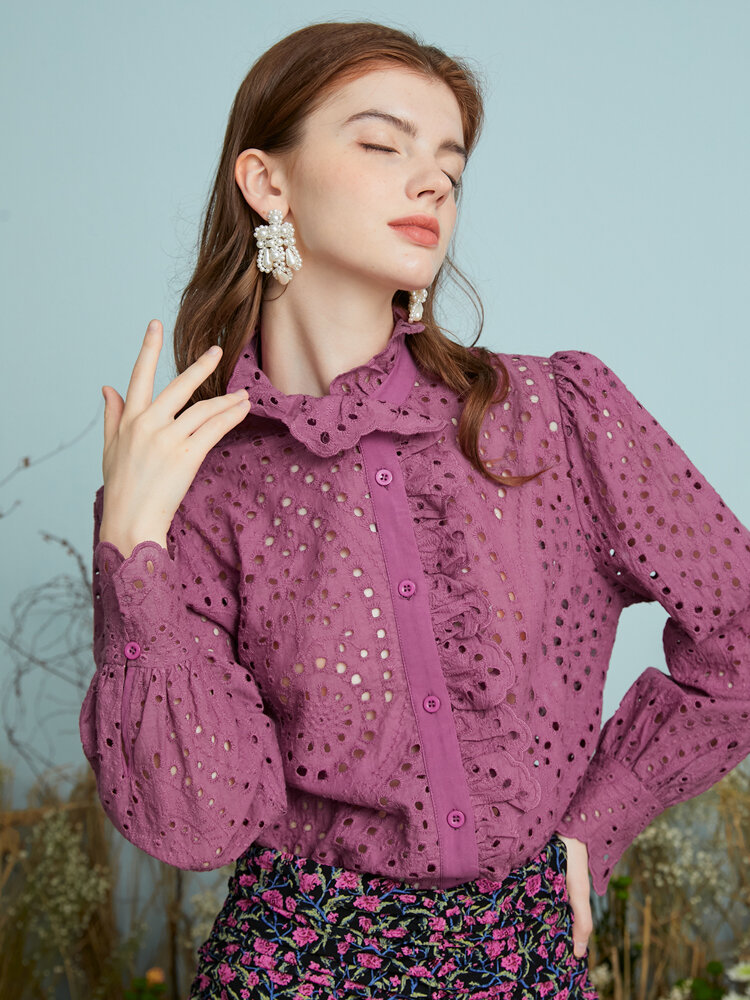 Crochet Lace Hollow Ruffle Button Long Sleeve Blouse