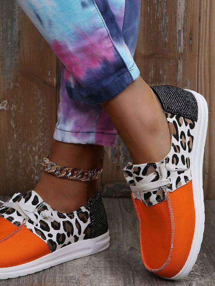 Large Size Women Cow Color Leopard Colorblock Casual Sneakers