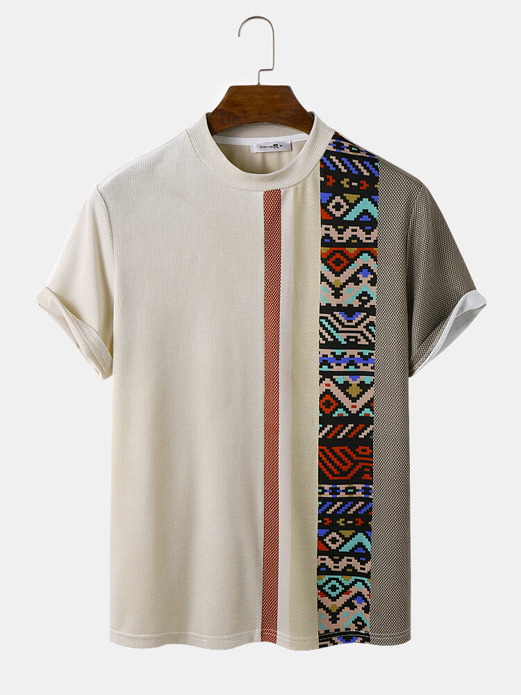 Mens Geometric Striped Print Patchwork Ethnic Short Sleeve T-Shirts