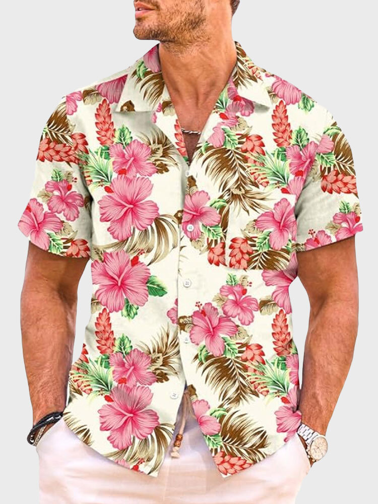 

Mens Floral Print Revere Collar Short Sleeves Shirts, Pink