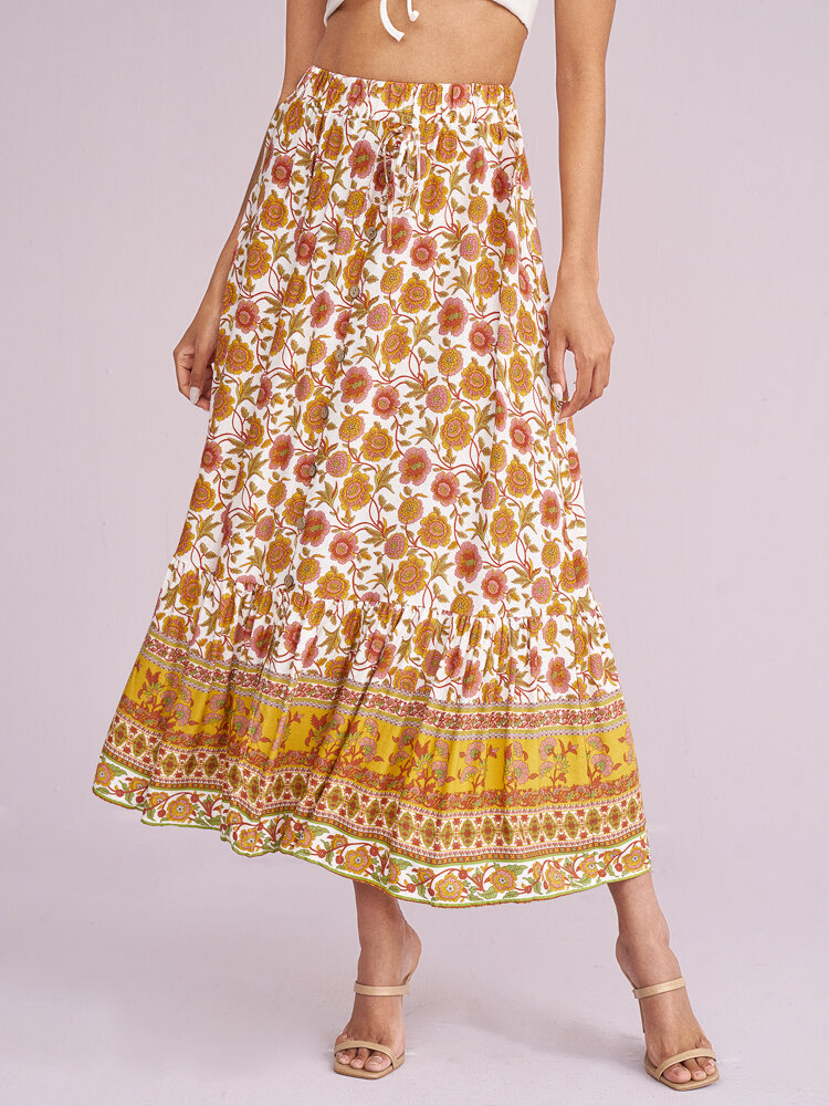 Flower Print Drawstring Big Swing High Waist Slit Skirt