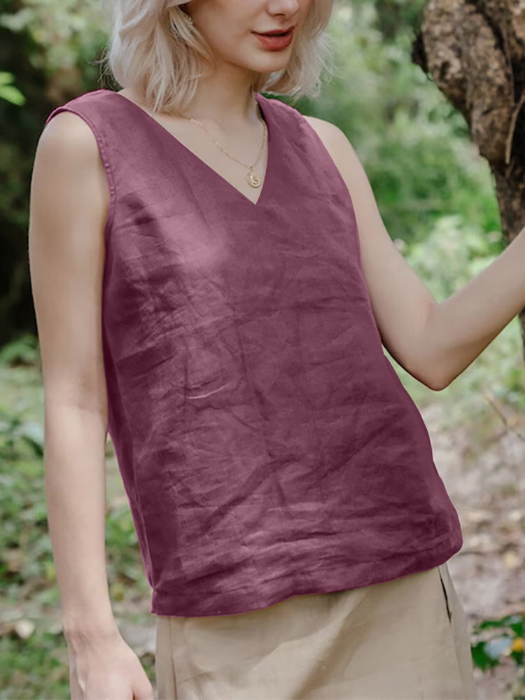 Solid V-neck Sleeveless Casual Tank Top For Women