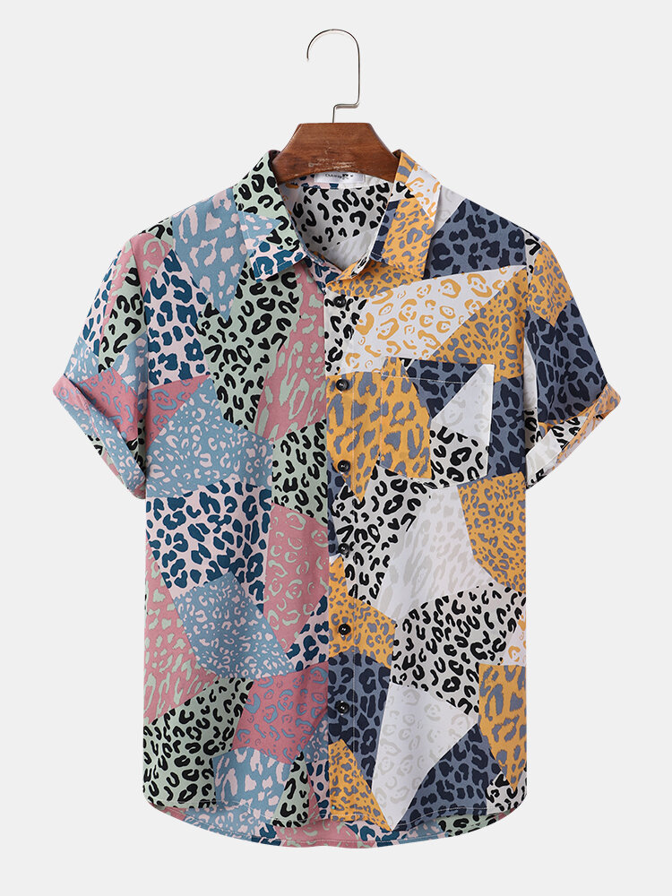 Mens Colorful Leopard Print Button Up Holiday Short Sleeve Shirts