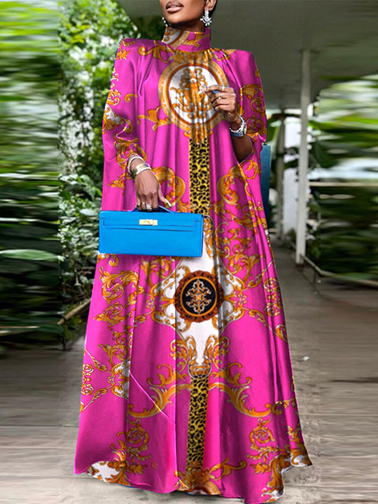 प्लस साइज महिला बारोक प्रिंट स्टैंड कॉलर मैक्सी ड्रेस