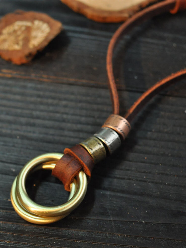 Vintage Geometric Metal Rings Pendant Necklace Handmade Cowhide Necklace Leather Rope Jewelry