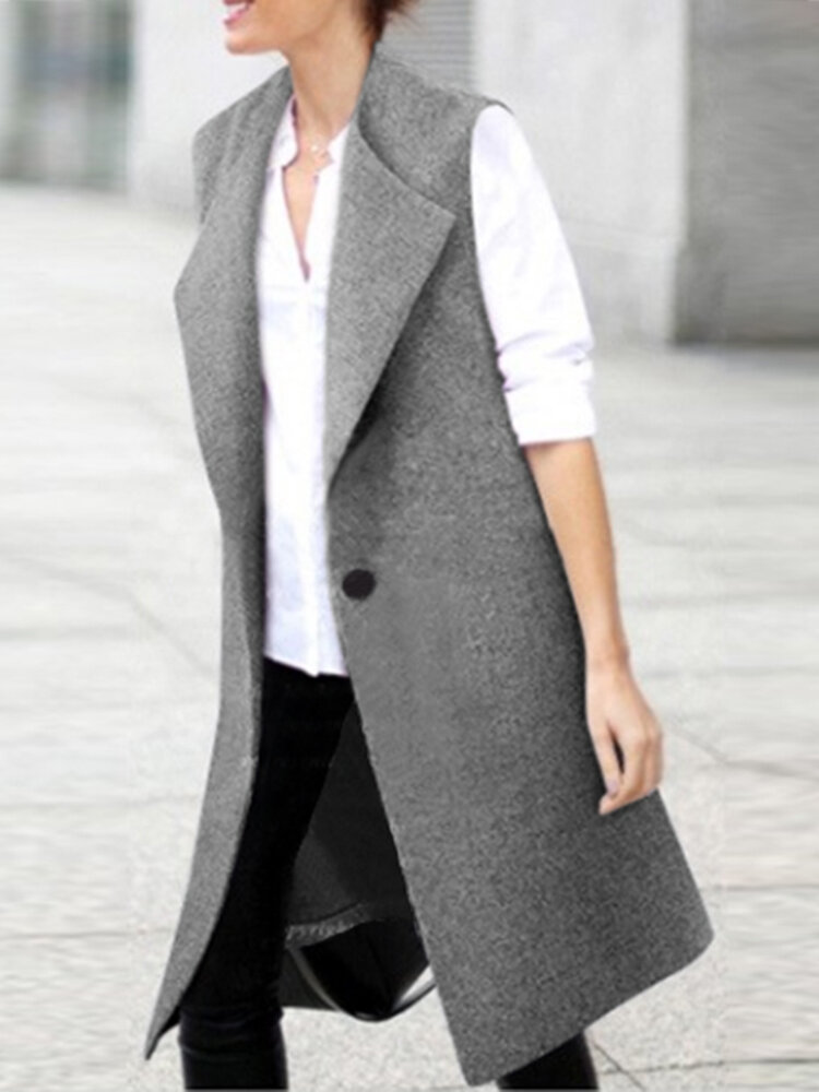 Women Solid Pocket Sleeveless Lapel Vest Jacket