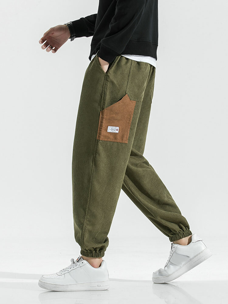 

Mens Contrast Pocket Elastic Cuff Casual Corduroy Pants, Green;khaki;black