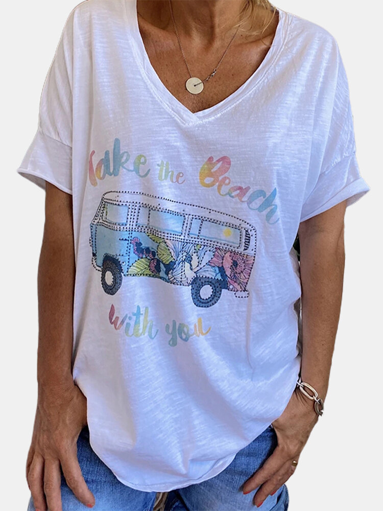 Cartoon Bus Letters Printed Short Sleeve V-neck T-shirt For Women