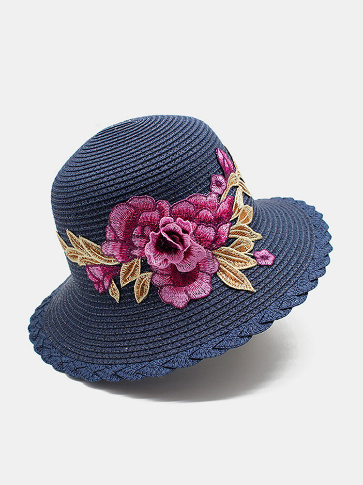 Ethnic Style Retro Straw Hat Embroidery Printed Breathable Cap