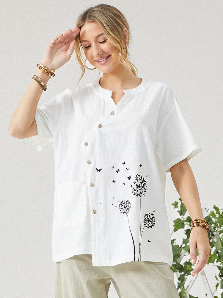 Butterfly Flower Print Irregular Button Short Sleeve 100% Cotton Blouse With Pocket