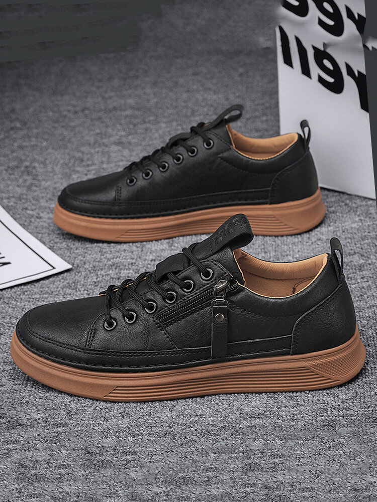 Men Daily Side Zipper Lace Up Casual Round Toe Skate Shoes