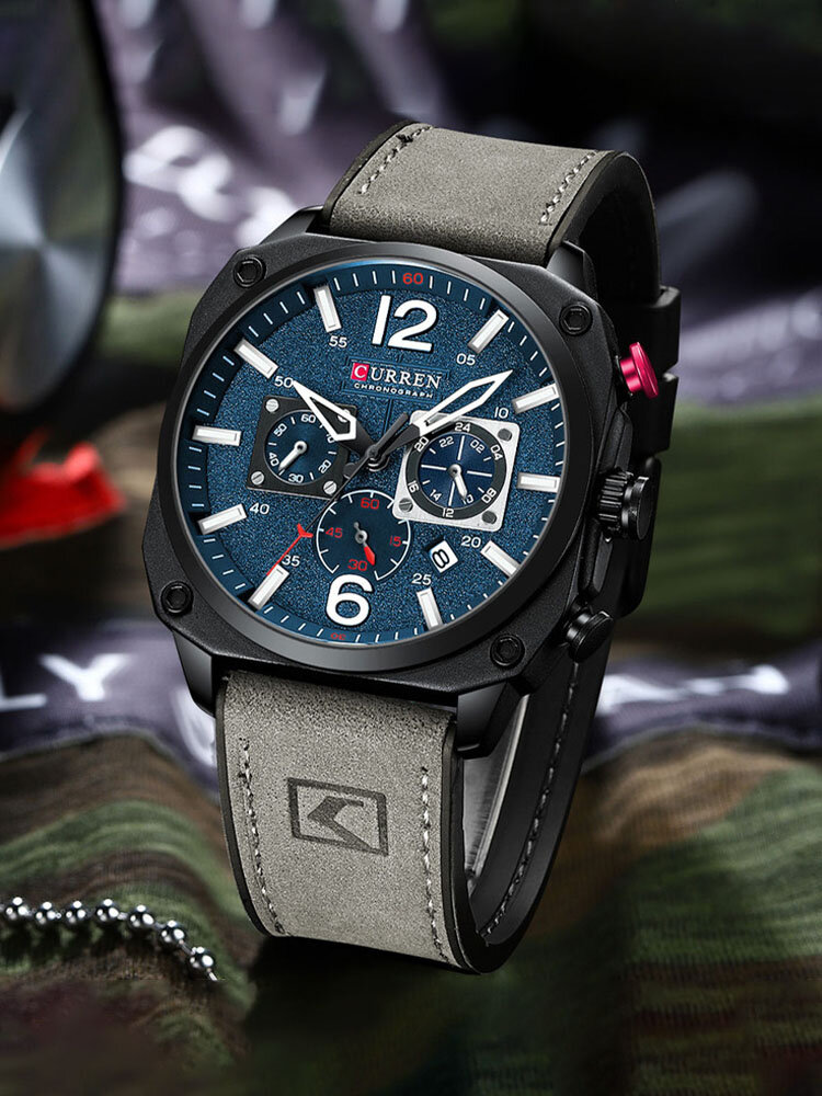 4 Colors Men Stainless Steel Dial Leather Strap Business Casual Chronograph Calendar Luminous Quartz Watch