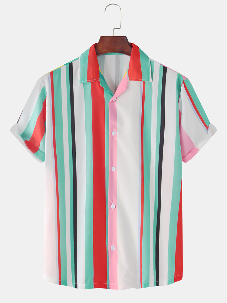 Mens Colorful Vertical Stripes Print Casual Light Short Sleeve Shirts