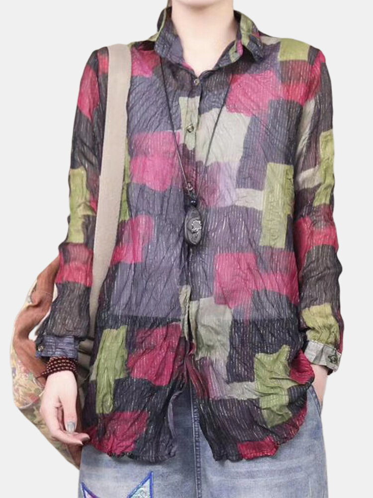 Geometric Multicolor Print Long Sleeve Shirt For Women