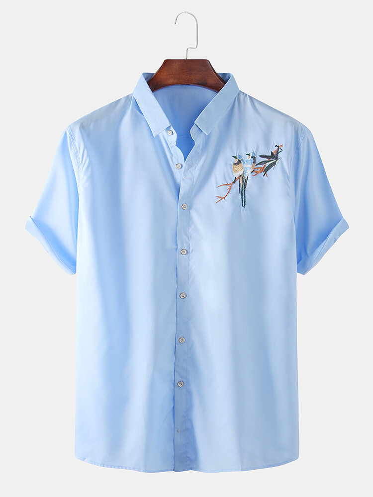 Mens Birds Embroidered National Style Short Sleeve Desginer Shirts