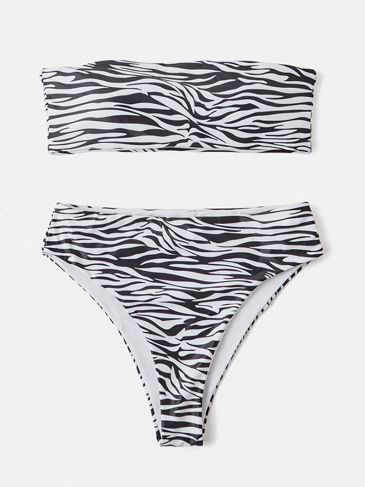 

Women Bandeau Strapless Leopard Zebra Print Bikinis Sexy Thong Swimsuit, White;brown