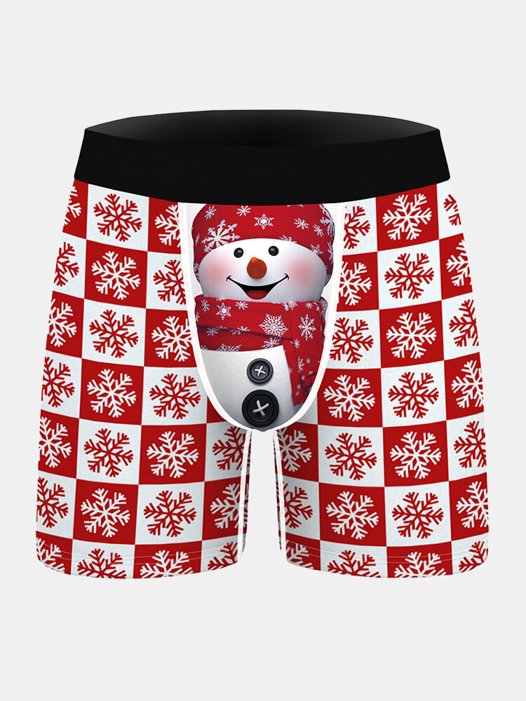 3 Color Mens Underwear Christmas Snowman Print Snowflake Plaid Boxer Briefs