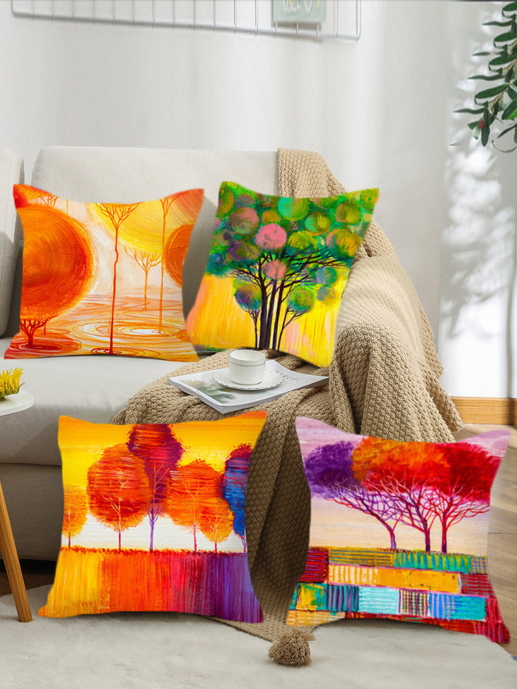 4 Pcs Landscape Oil Painting Tree Pattern Colorful Print Pillowcase Throw Pillow Cover Linen Sofa Home Car Cushion Cover