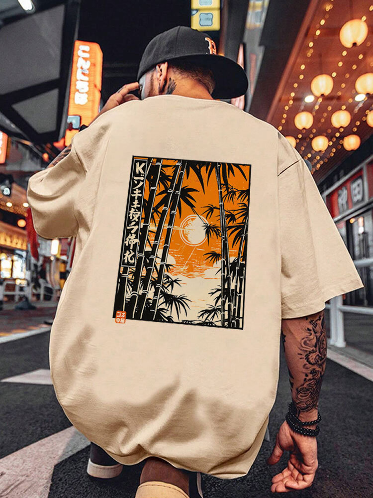 Mens Japanese Bamboo Landscape Graphic Crew Neck Short Sleeve T-Shirts