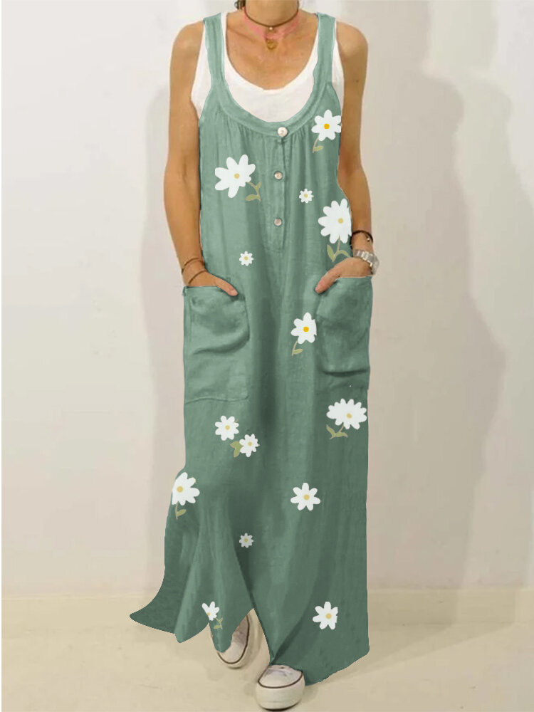 Floral Print Straps Loose Vintage Maxi Dress For Women