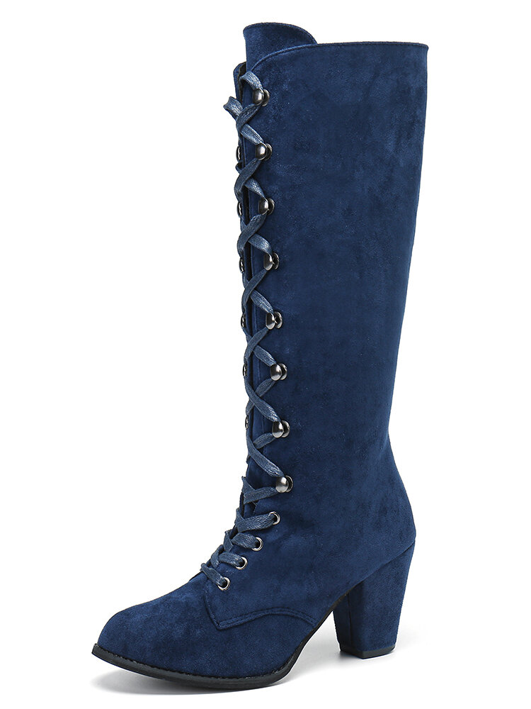 Women Large Size Suede Front Lace-up Cross Strap High Heel Boots