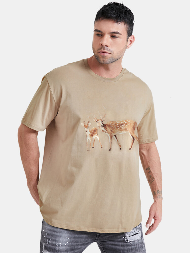 Plus Size Mens Deer Oil Painting Print Casual O-Neck Cotton T-Shirt