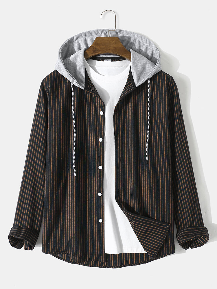 Mens Pinstripe Button Up Cotton Casual Drawstring Hooded Shirts
