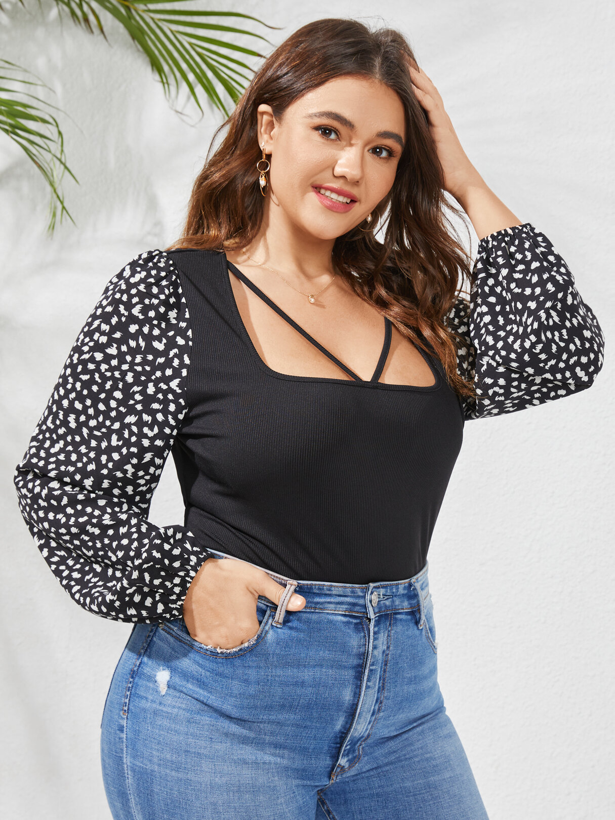 Plus Size Spotted Print Patchwork Long Sleeve Square Neck T-Shirt