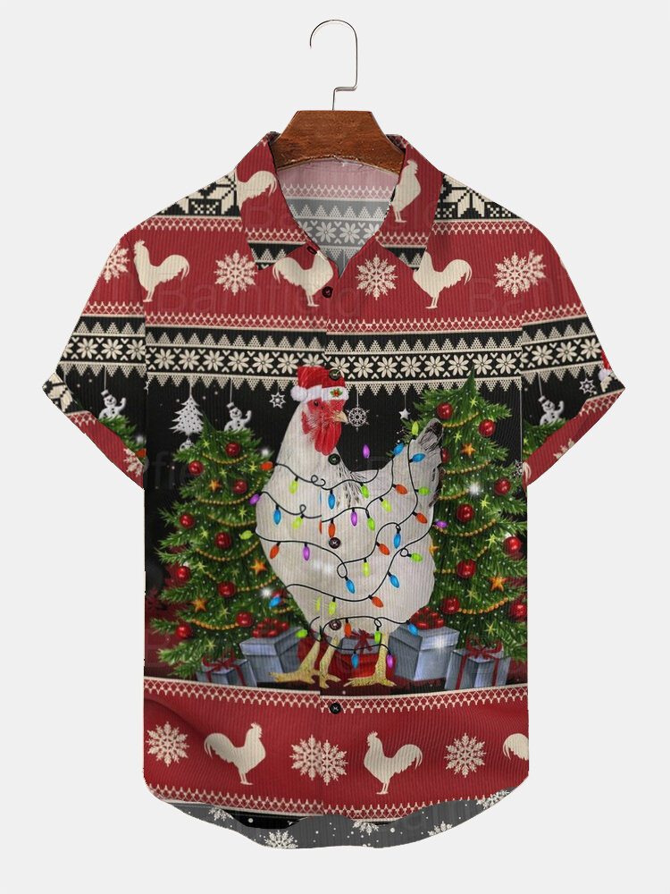 Mens Christmas Element Chicken Print Lapel Short Sleeve Shirts Winter