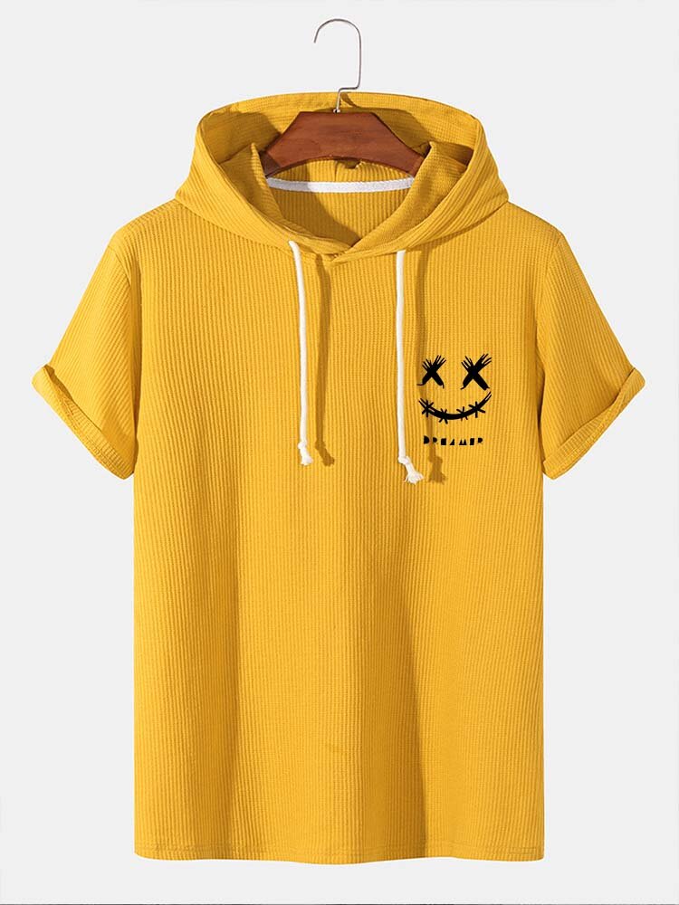 

Mens Smile Face Print Corduroy Casual Short Sleeve Hooded T-Shirts, Yellow