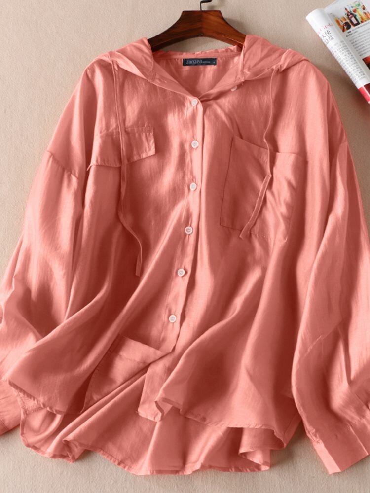 Solid Pocket Drawstring Button Hooded Long Sleeve Blouse