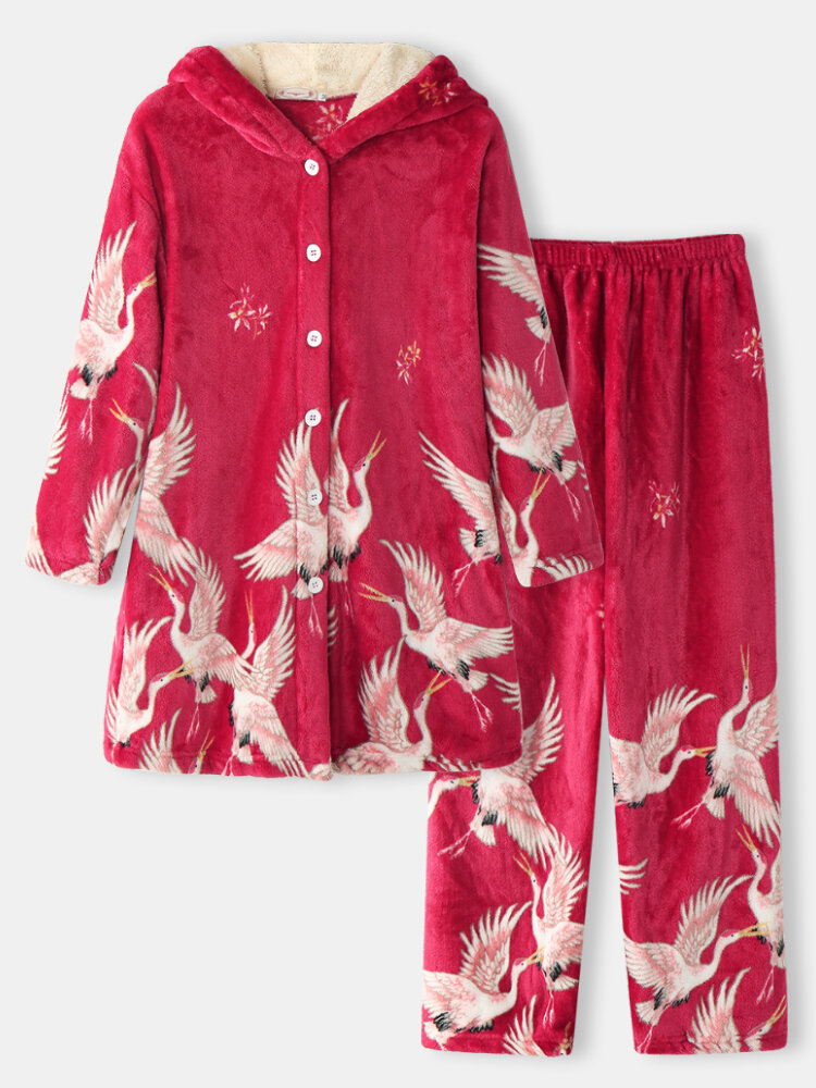 Women Crane Pattern Thick Comfort Flannel Hoodie Pajama Sets