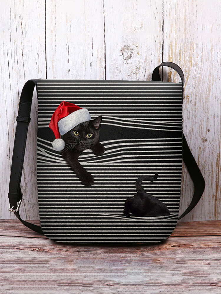 Women Felt Christmas Hat Cat Print Striped Crossbody Bag Shoulder Bag