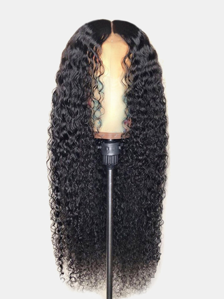 Natural Black Mid-Length Long Curly Hair Long Bangs Heat-Resistant Wig