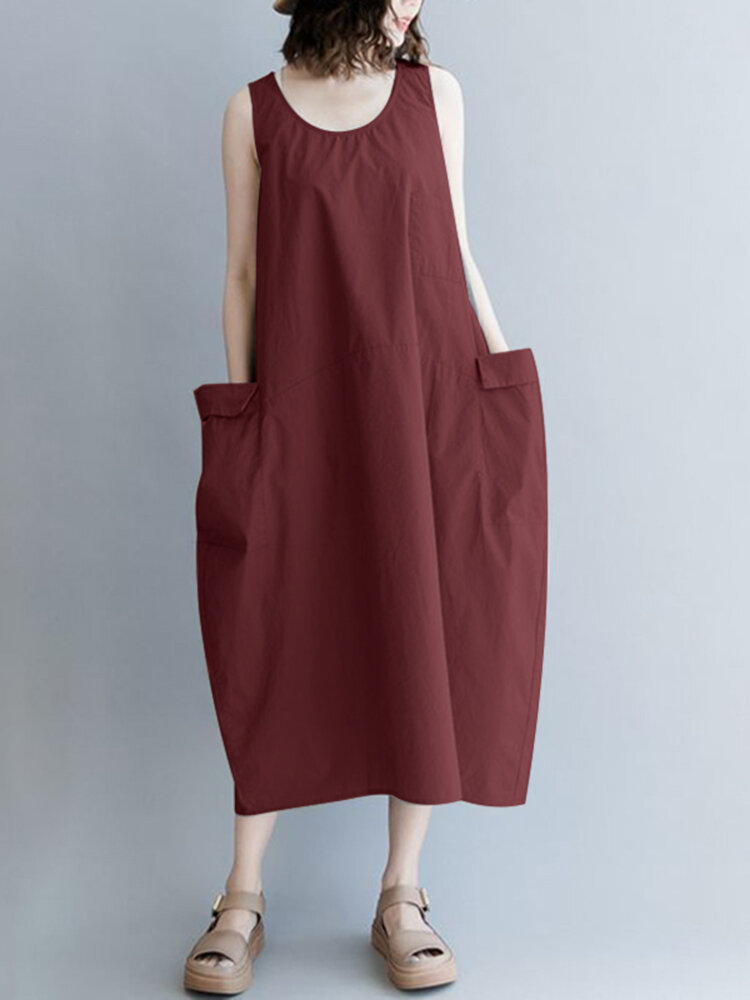 Damen Solid Seitentasche Rundhalsausschnitt Lässig ärmellos Kleid