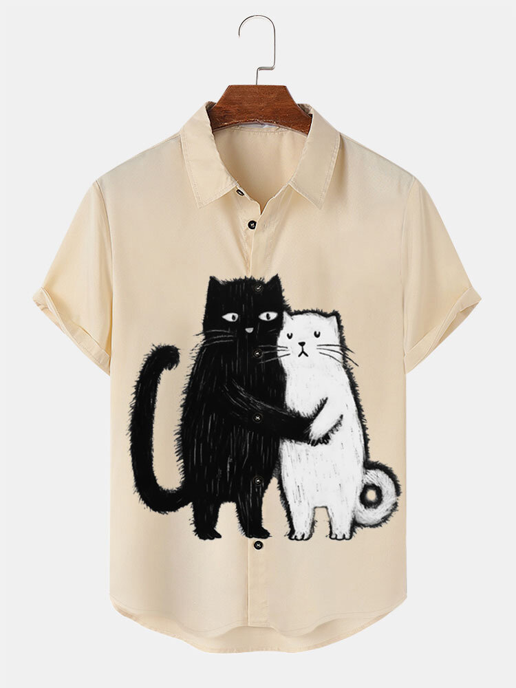 Mens Cute Cat Print Lapel Casual Short Sleeve Shirts Winter