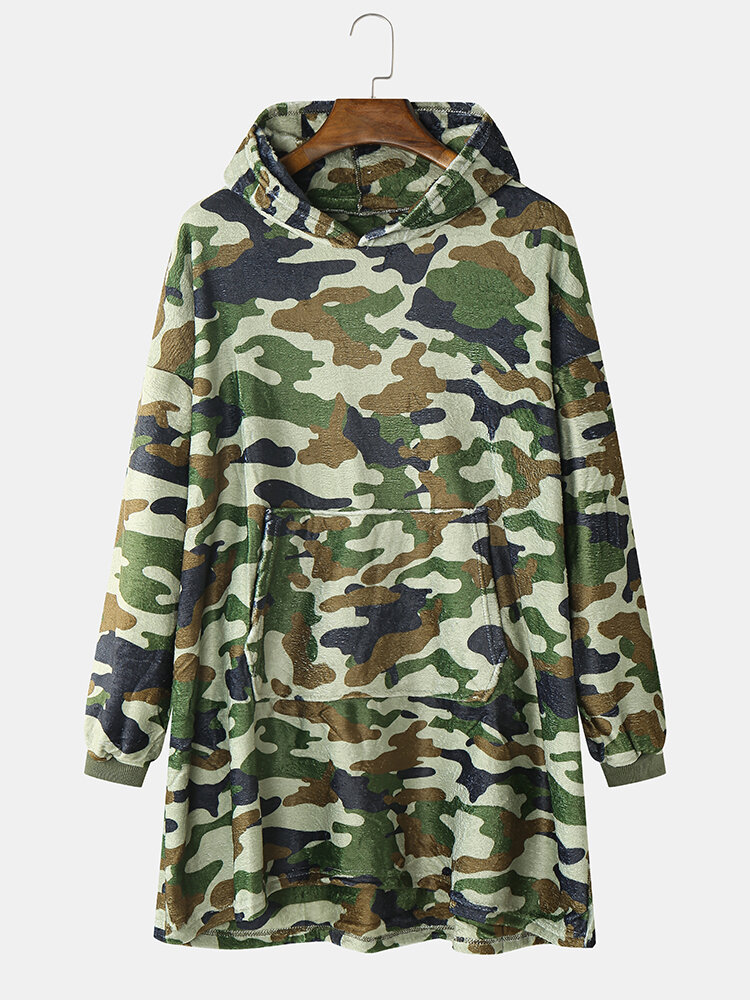 

Camo Print Flannel Cozy Blanket Hoodie, Army green