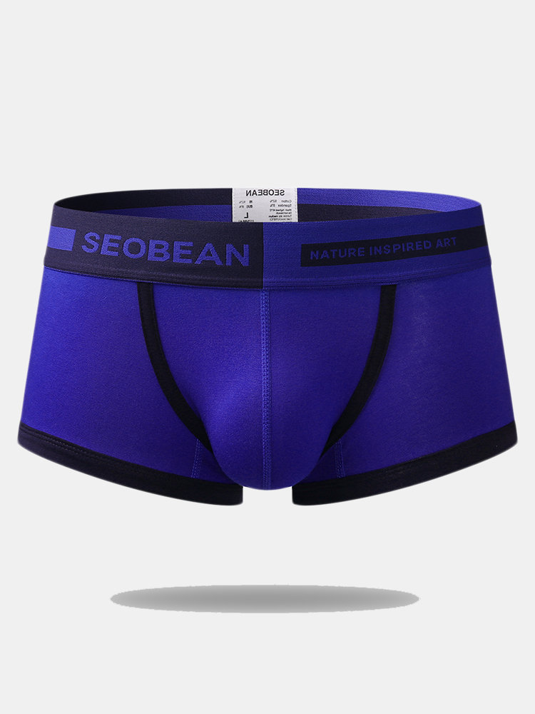 

Mens Comfortable 100%Cotton Boxers Stitching U Convex Pouch Breathable Underwear, Black;light blue
