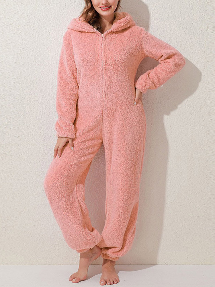 

Plus Size Solid Fluffy Bear Ears Hooded Front Zip Thick Onesies, Pink;wine red;coffee;purple;navy