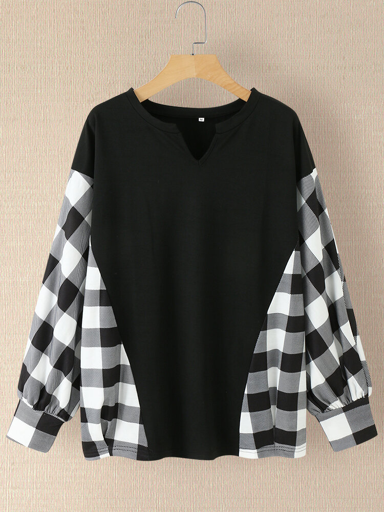 Plaid Pattern Patchwork Half Open Collar Casual Blouse
