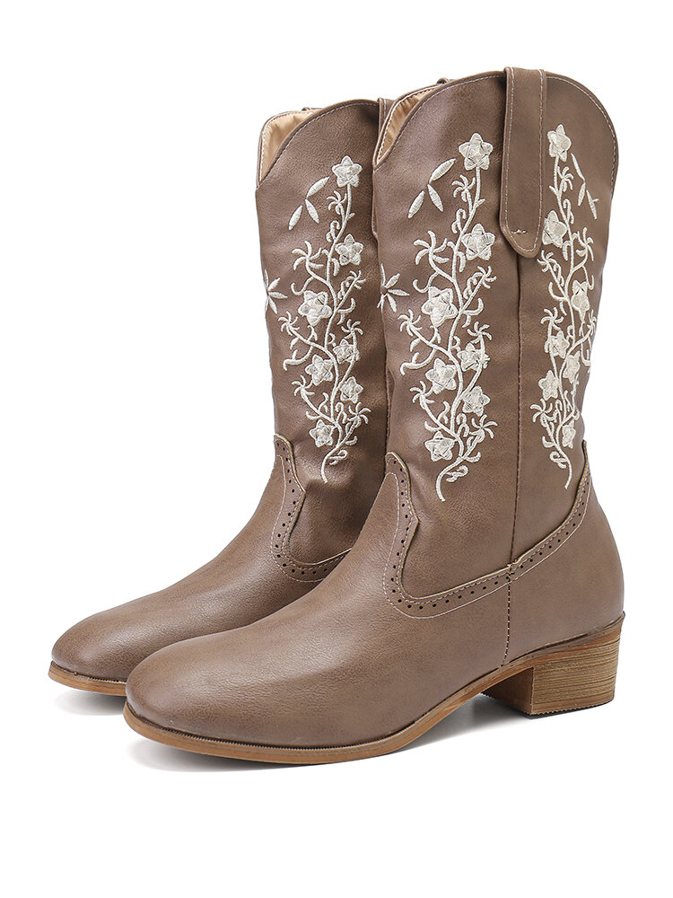 Retro Flowers Square Toe Slip On Mid-Calf Block Heel Cowboy Boots For Women