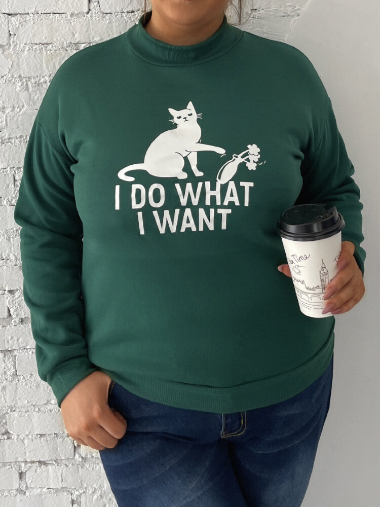 Plus Size Lovely Cat Print Half-collar Casual Sweatshirt