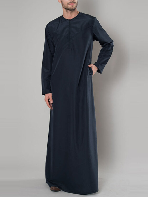 

Mens Ethnic Saudi Arabian Thobe Zipper Long Sleeve Kaftan T-Shirt, Black;navy;coffee