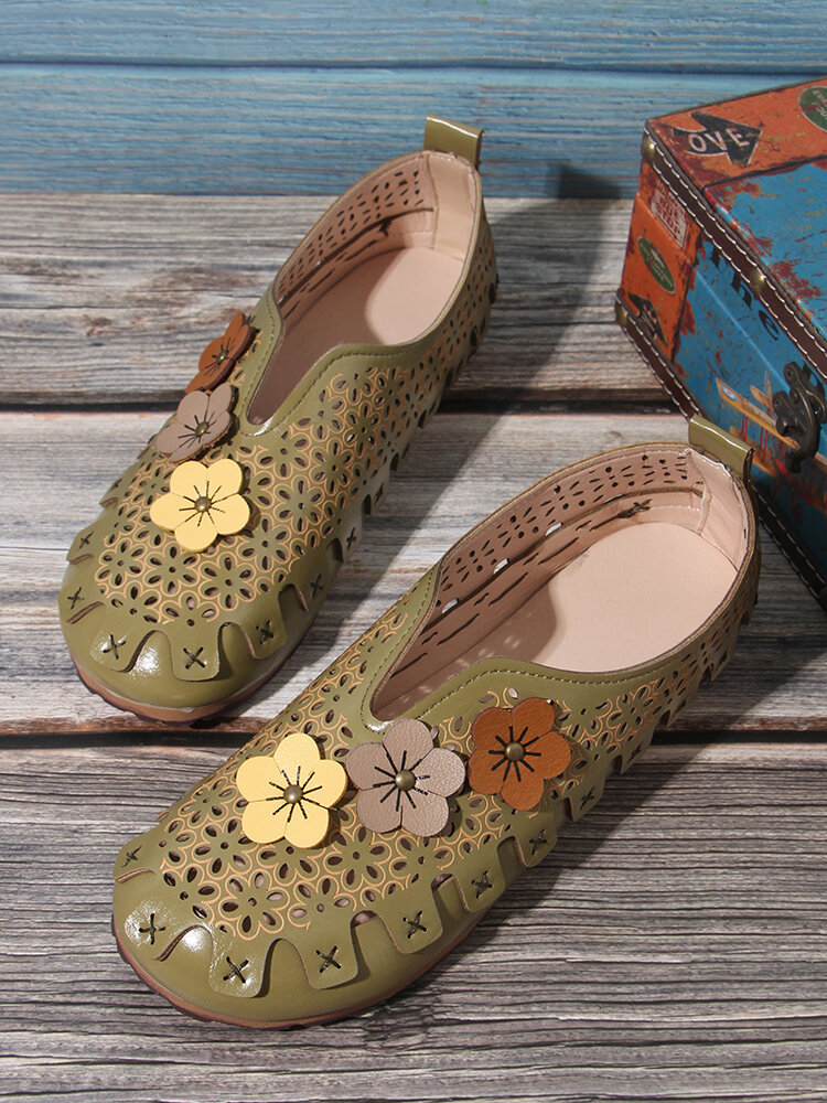 

Women Retro Casual Floral Mori Shoes Hollow-out Breathable Octopus Stitching Flats, Green;beige;khaki