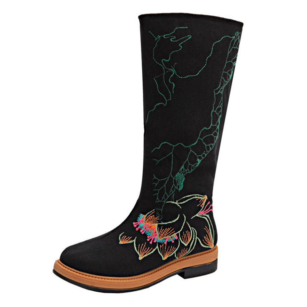Lotus Embroidered Mid Calf Warm Fur Lining Round Toe Boots